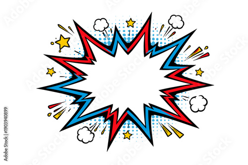Vibrant comic book explosion with red and blue burst and stars