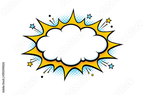 Comic style speech bubble with colorful stars and pop art elements