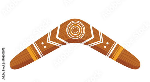A wooden boomerang with Aboriginal art patterns symbolizes Australia, indigenous culture, and the concept of return.