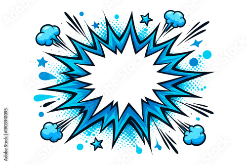Dynamic blue comic explosion with clouds and stars on white background