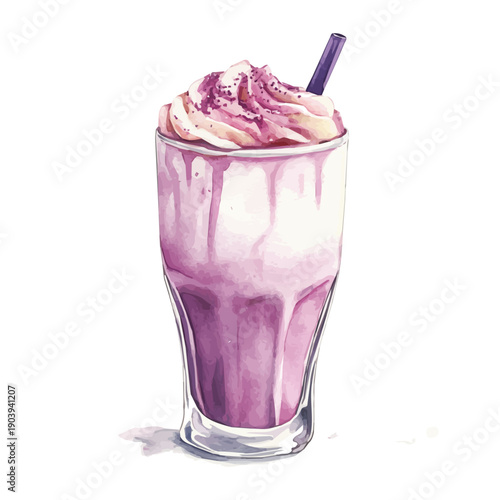 Taro Latte, watercolor clipart showing delicate textures and whimsical forms, isolated on a white background.