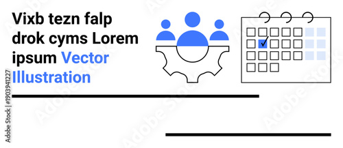 Teamwork, project management, time scheduling, productivity, collaboration, organizational tools. Group of people on a gear next to a marked calendar. Teamwork and project management concept