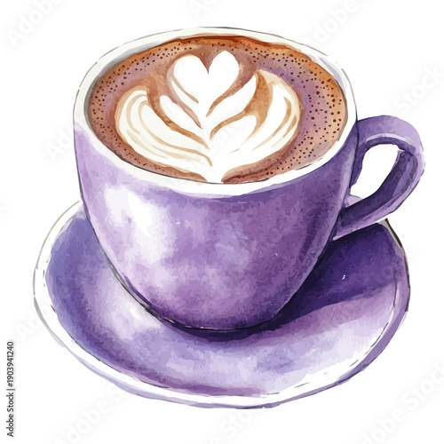 Taro Latte, watercolor illustration featuring soft shadows and luminous, isolated on a white background.