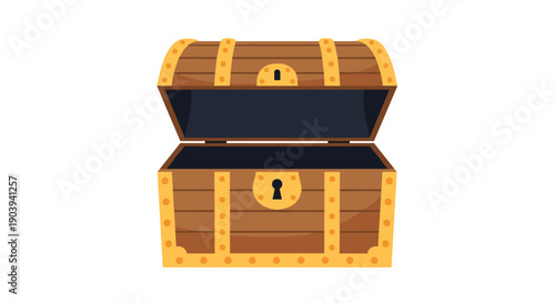 An open treasure chest with golden trim is depicted, symbolizing wealth, riches, discovery, and hidden treasures.