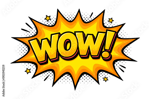 Bold comic style yellow wow burst with star accents