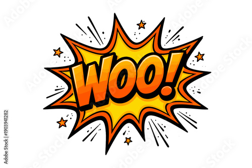 Vibrant comic style explosion with energetic woo text