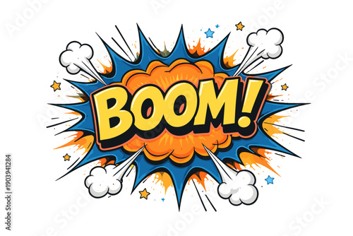 Colorful comic boom explosion with cartoon clouds and stars