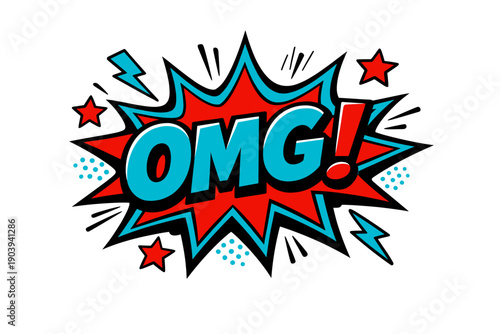 Colorful comic style 'omg!' text with stars and lightning bolts
