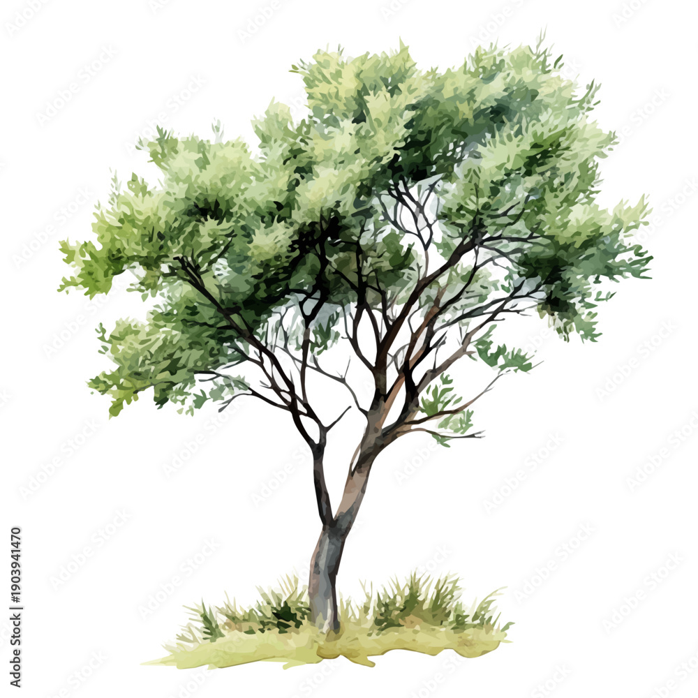 Obraz premium Tamarisk Tree High Quality, watercolor clipart showing delicate textures and whimsical forms, isolated on a white background.