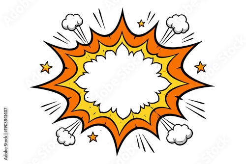 Colorful comic-style explosion with orange and yellow burst effect