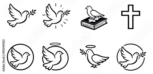 Hand drawn line art Christian symbols set featuring doves, olive branches, a bible, and a cross for religious events and peace concepts