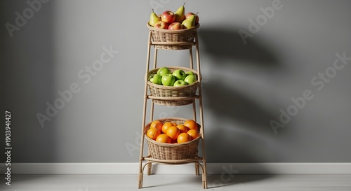 Three tiered basket stand with fresh fruits on each tier