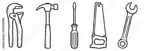 Hand drawn line art tools set featuring a hammer, screwdriver, saw, wrench, and pliers for construction and repair