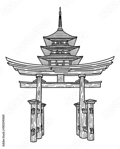 Hand drawn line art illustration of a Japanese pagoda torii gate depicting traditional Asian architecture for cultural designs