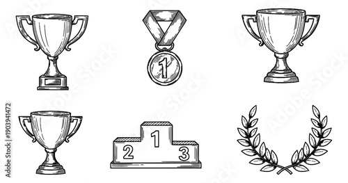 Hand drawn line art award set featuring trophies, a medal, a podium, and a laurel wreath for competition and success