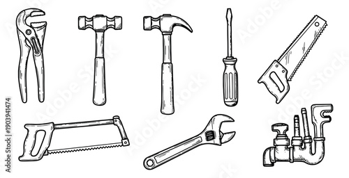 Hand drawn line art tools set featuring various construction and plumbing items for home improvement and repair projects