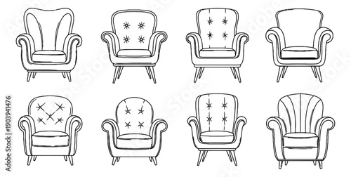 Hand drawn line art armchair set featuring various classic upholstered designs for interior design projects