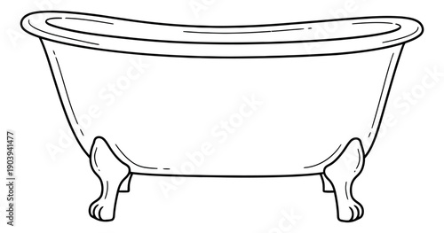 Hand drawn line art illustration of a clawfoot bathtub depicting a traditional freestanding bath for bathroom interior concepts