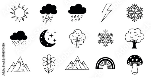 Hand drawn doodle icons set featuring weather, celestial, and nature elements for environmental or decorative purposes