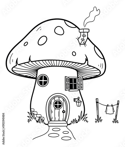 Whimsical line art illustration of a mushroom house depicting a cozy fairy home for children's books and fantasy themes