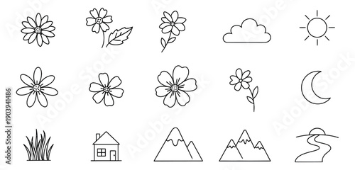 Hand drawn line art nature elements set featuring flowers, clouds, sun, moon, mountains, and a house for landscape designs