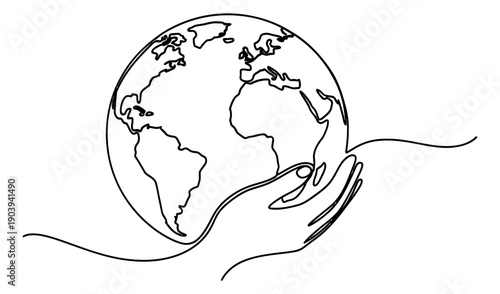 Minimal hand drawn line art illustration of earth globe depicting global protection for environmental awareness
