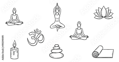 Hand drawn line art yoga and meditation set featuring women, spiritual symbols, and wellness items for mindfulness and relaxation