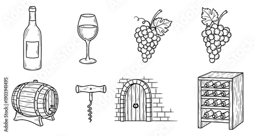Hand drawn line art wine set featuring bottle, glass, grapes, and cellar essentials for winery and beverage concepts
