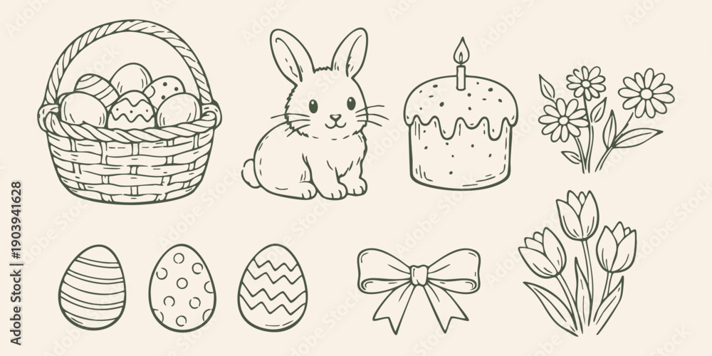 Obraz premium Easter elements lineart bunny basket eggs cake flowers bow spring set in hand drawn outline style, perfect for Easter designs, invitations, cards, prints, and decorations