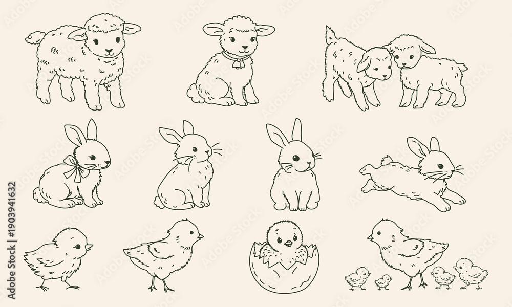Fototapeta premium Easter animals line art set with lambs rabbits and chicks in cute hand drawn outline style, perfect for Easter illustrations, cards, invitations, stickers, and prints