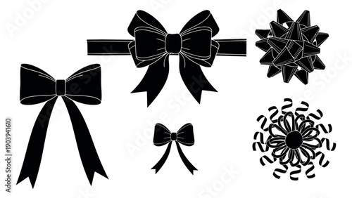 Hand drawn decorative bow set featuring various ribbon knots and gift toppers for celebration and packaging