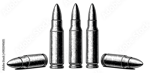 Hand drawn ammunition set featuring five rifle bullets for military and security concepts