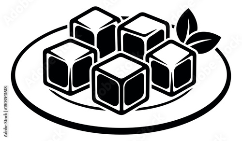 Line art ice set featuring five cubes and mint leaves on a plate for cooling drinks and garnishing desserts