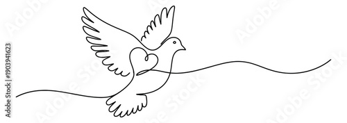 Continuous line art illustration of a dove depicting a heart in flight for peace and love