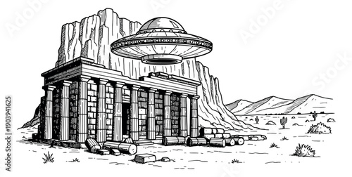 Hand drawn illustration of a flying saucer depicting an alien encounter with ancient ruins for a science fiction concept