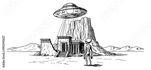 Hand drawn line art illustration of an alien observing an ancient temple with a hovering UFO for science fiction concepts