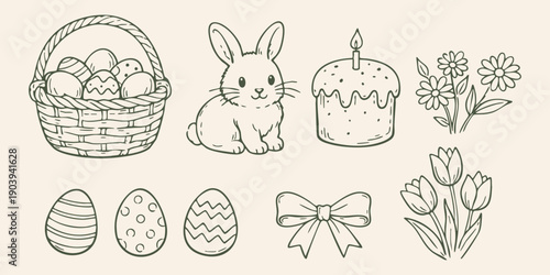 Easter elements lineart bunny basket eggs cake flowers bow spring set in hand drawn outline style, perfect for Easter designs, invitations, cards, prints, and decorations