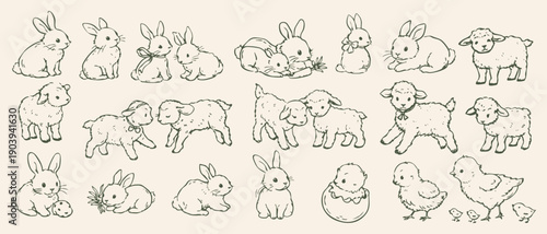 Easter animals lineart collection with rabbits lambs and chicks in cute hand drawn outline style, perfect for Easter illustrations, cards, invitations, stickers, and prints