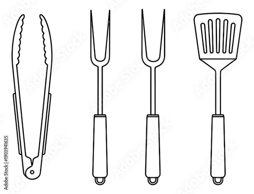 Hand drawn line art barbecue tools set featuring tongs, carving forks, and a spatula for outdoor grilling and cooking