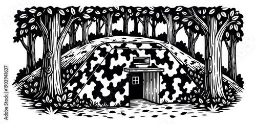 Hand drawn line art illustration of a camouflaged bunker depicting a hidden shelter nestled in a forest for survival and security