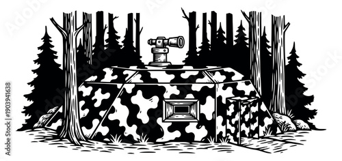 Hand drawn line art illustration of a camouflaged hunting blind depicting an observation telescope for wilderness surveillance