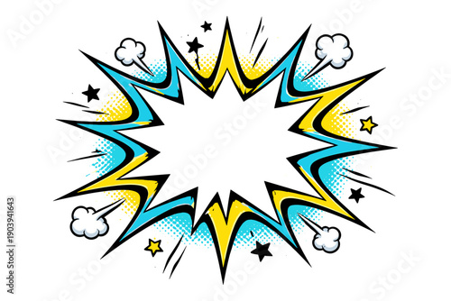 Comic style explosive burst with stars and clouds in vibrant colors