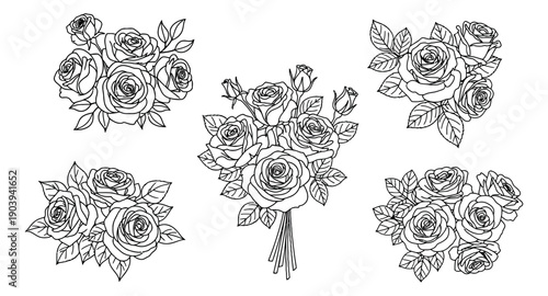 Hand drawn line art rose bouquets set featuring various individual flower arrangements with buds and leaves for romantic designs or decorative elements
