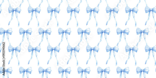 Seamless watercolor blue bows pattern with hand painted ribbon texture on transparent background, perfect for wrapping paper, textiles, stationery, invitations, and decor
