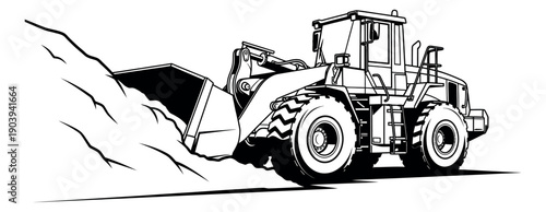 Line art illustration of a wheel loader depicting moving soil for construction