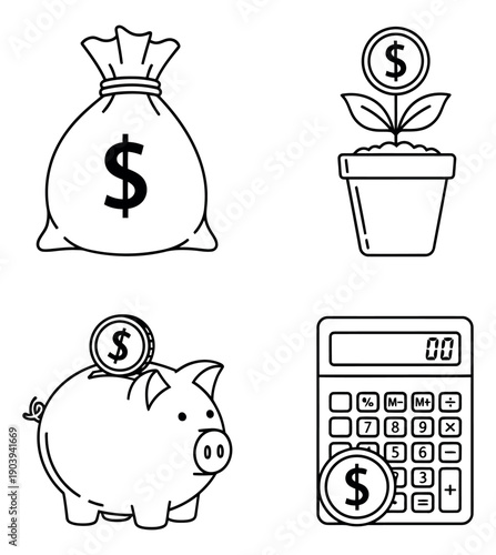 Line art finance icons set featuring a money bag, money plant, piggy bank and calculator for financial planning and investment