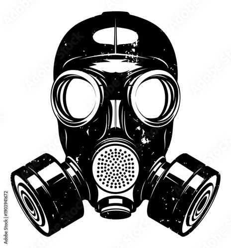 Distressed graphic illustration of a gas mask depicting protective gear for hazardous environments