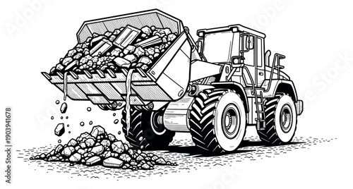 Hand drawn line art illustration of a wheel loader depicting dumping rocks for heavy construction
