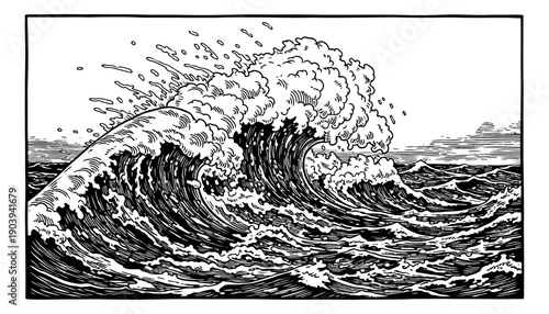 Hand drawn line art illustration of a large ocean wave depicting powerful breaking water for marine and nature designs