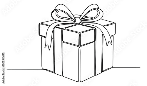 Continuous line art illustration of a gift box depicting it tied with a bow for celebrations